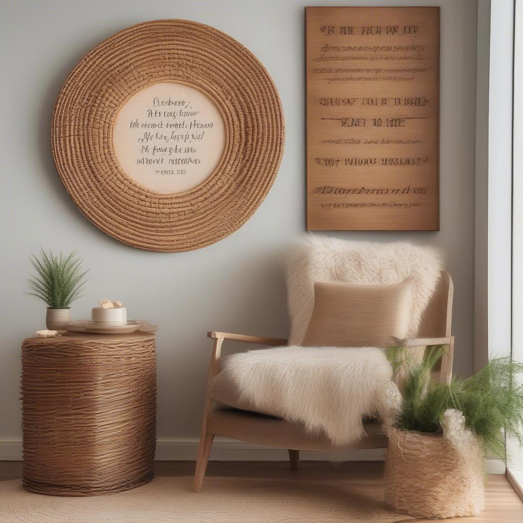 Wicker quotation wall art adds a touch of rustic charm to a living room, featuring inspirational quotes woven into the design.