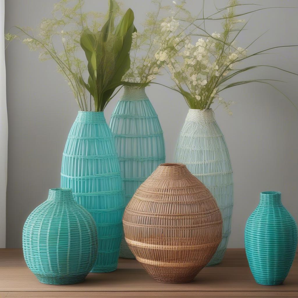 Various Wicker and Rattan Aqua Vases