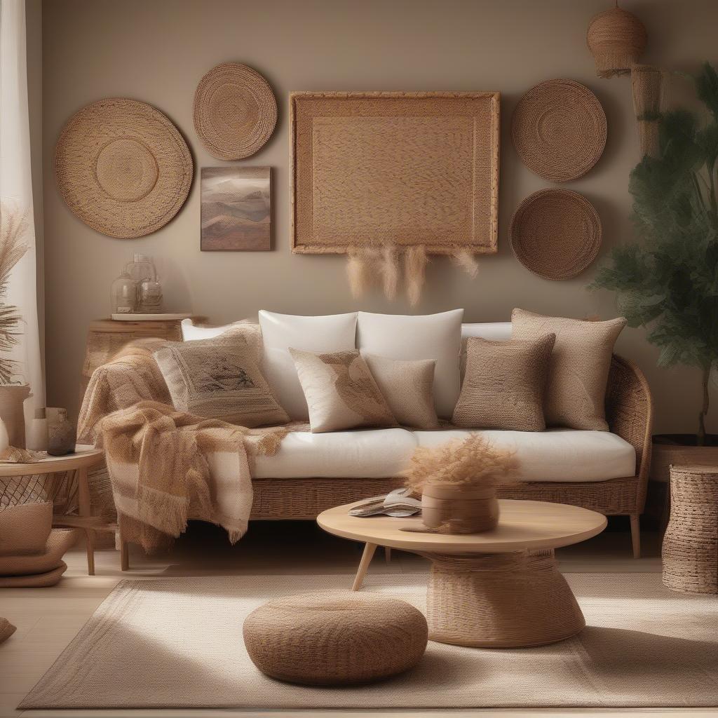 Wicker and rattan art wall decor in a bohemian style living room, adding a touch of natural elegance.