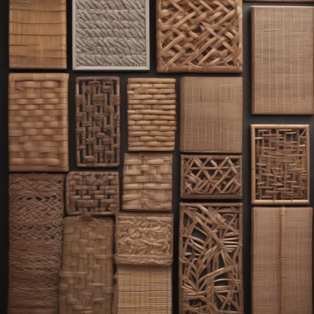 A wide selection of wicker and rattan art wall signs displayed on a wall