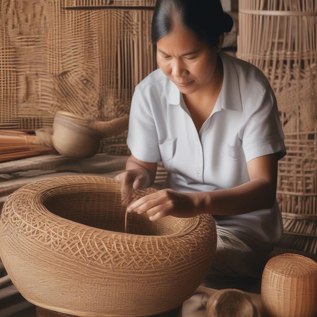 Skilled artisans meticulously weaving rattan and wicker into beautiful baskets and furniture.