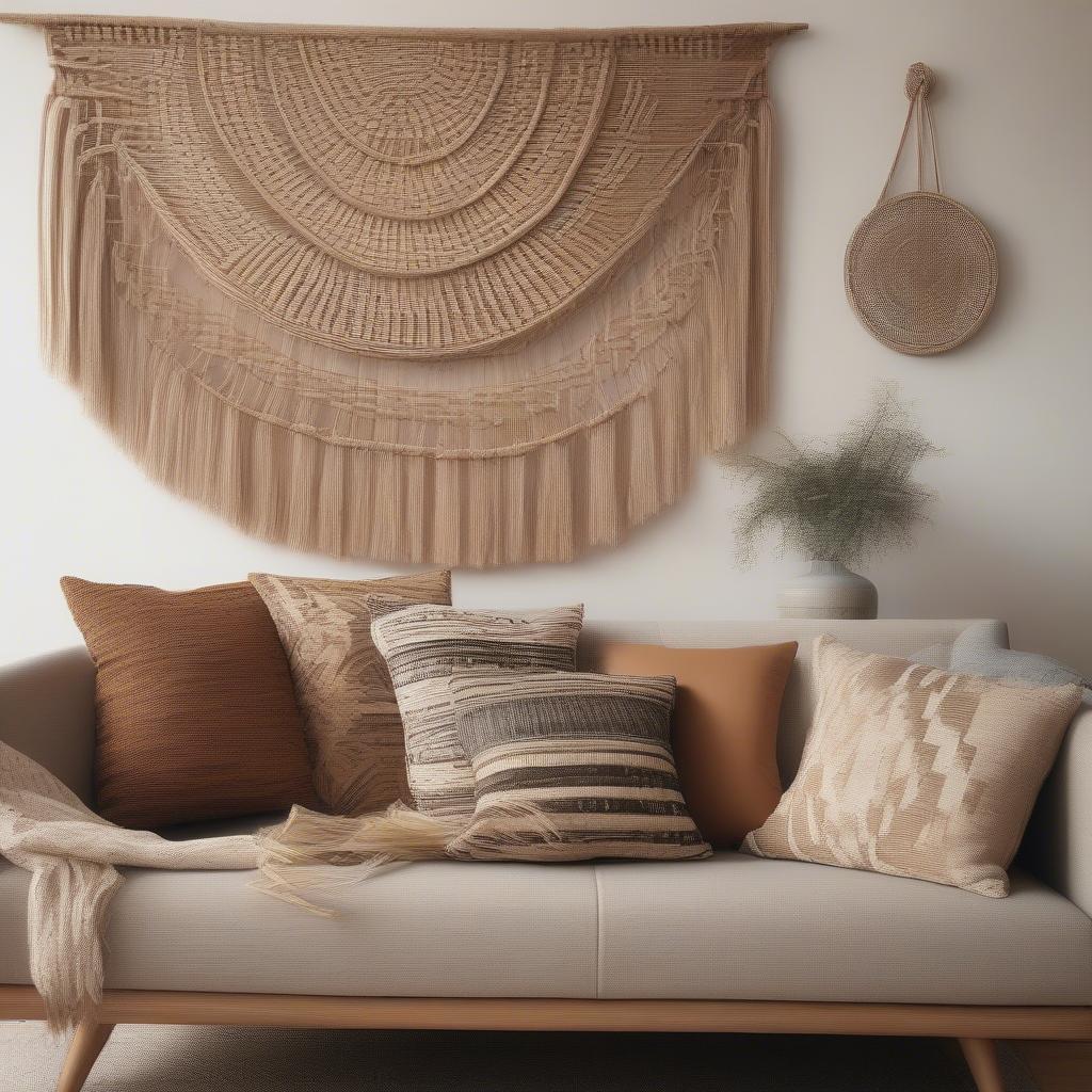 Wicker and rattan artwork adds a natural and textured element to a living room setting.