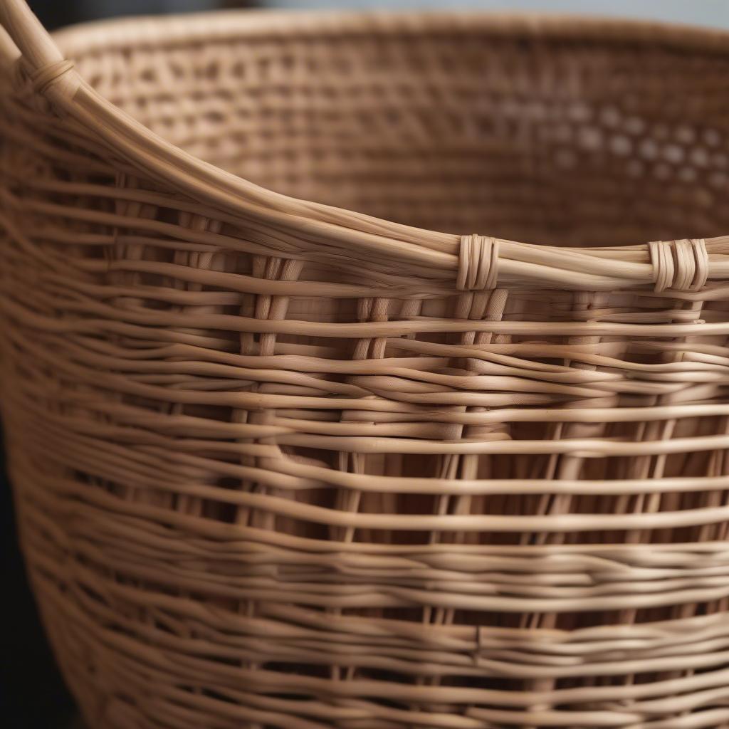 Close-up of a wicker and rattan basket showcasing intricate weaving details