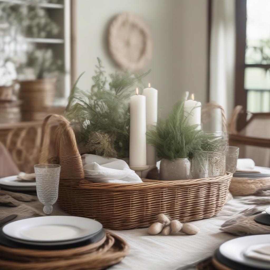 A wicker basket used as a centerpiece on a dining table, surrounded by other natural decor elements.