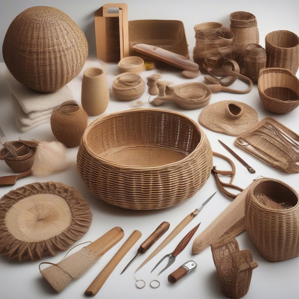 Wicker and rattan basket making supplies and tools.