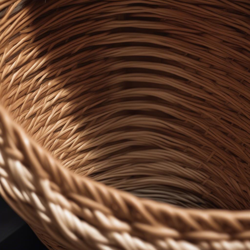 Close-up of a wicker and rattan basket, highlighting the intricate weaving patterns and natural textures