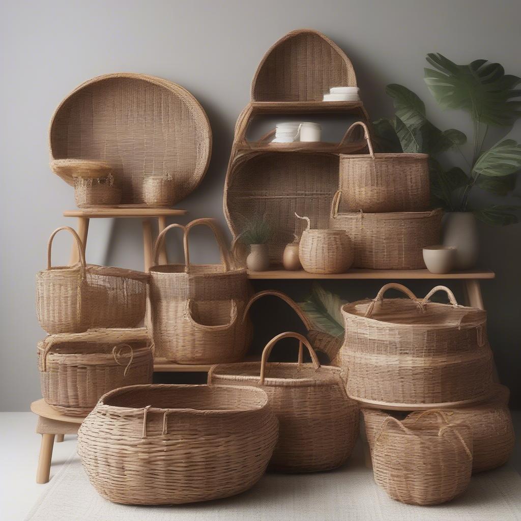 Various wicker and rattan baskets showcasing different shapes, sizes, and weaving patterns.