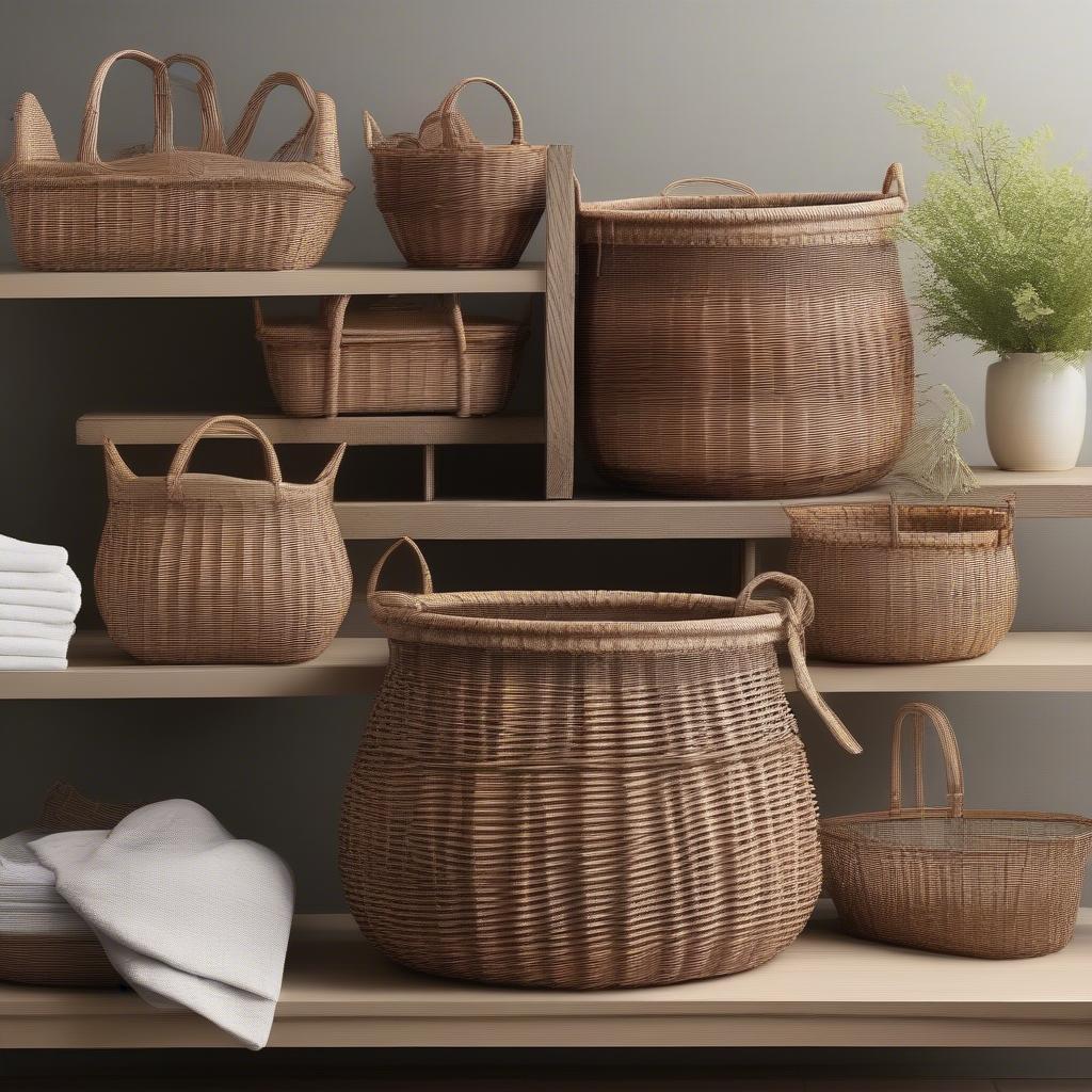 Various styles of wicker and rattan baskets showcasing different weaving techniques and sizes.