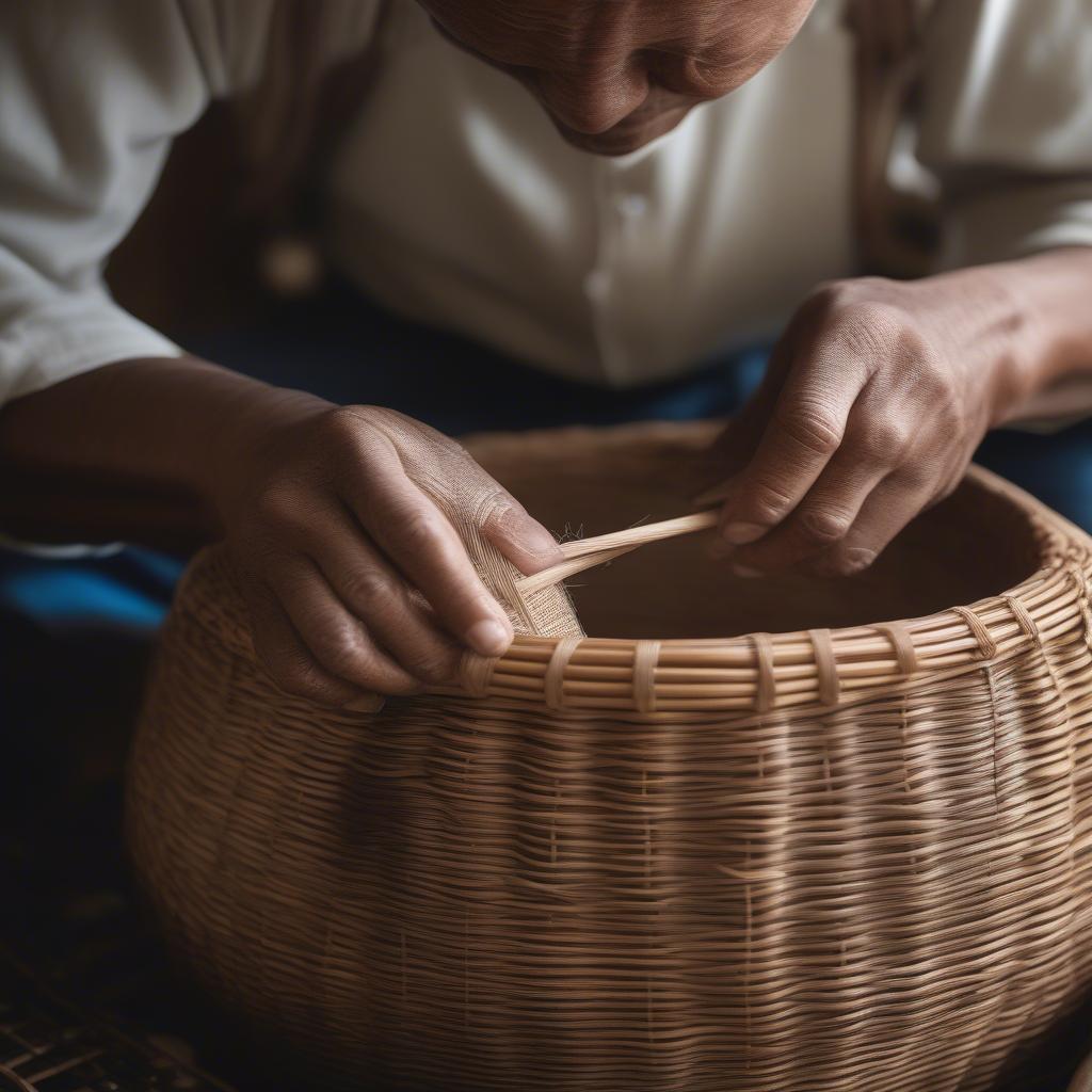 Close-up of hands weaving a wicker rattan basket, demonstrating traditional craftsmanship.