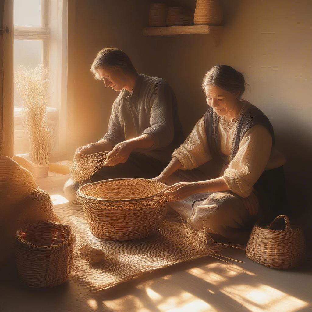 Couple Weaving a Wicker Basket Together