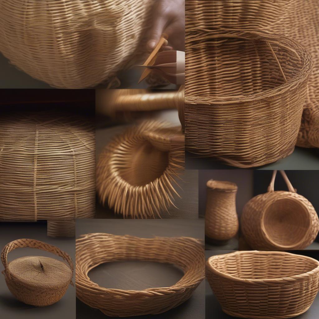 Close-up view of various wicker and rattan basket weaving techniques