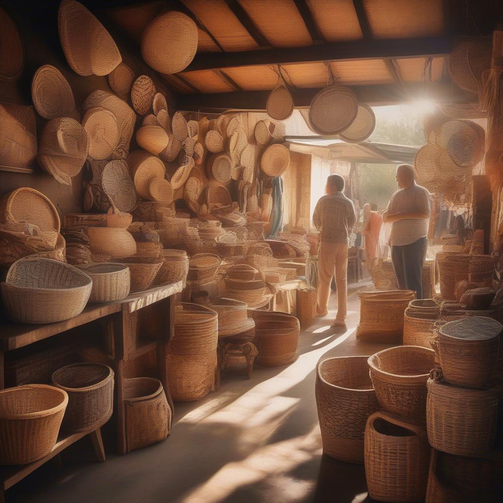 Wicker and rattan baskets displayed at a bustling craft market, showcasing diverse shapes, sizes, and weaving patterns.