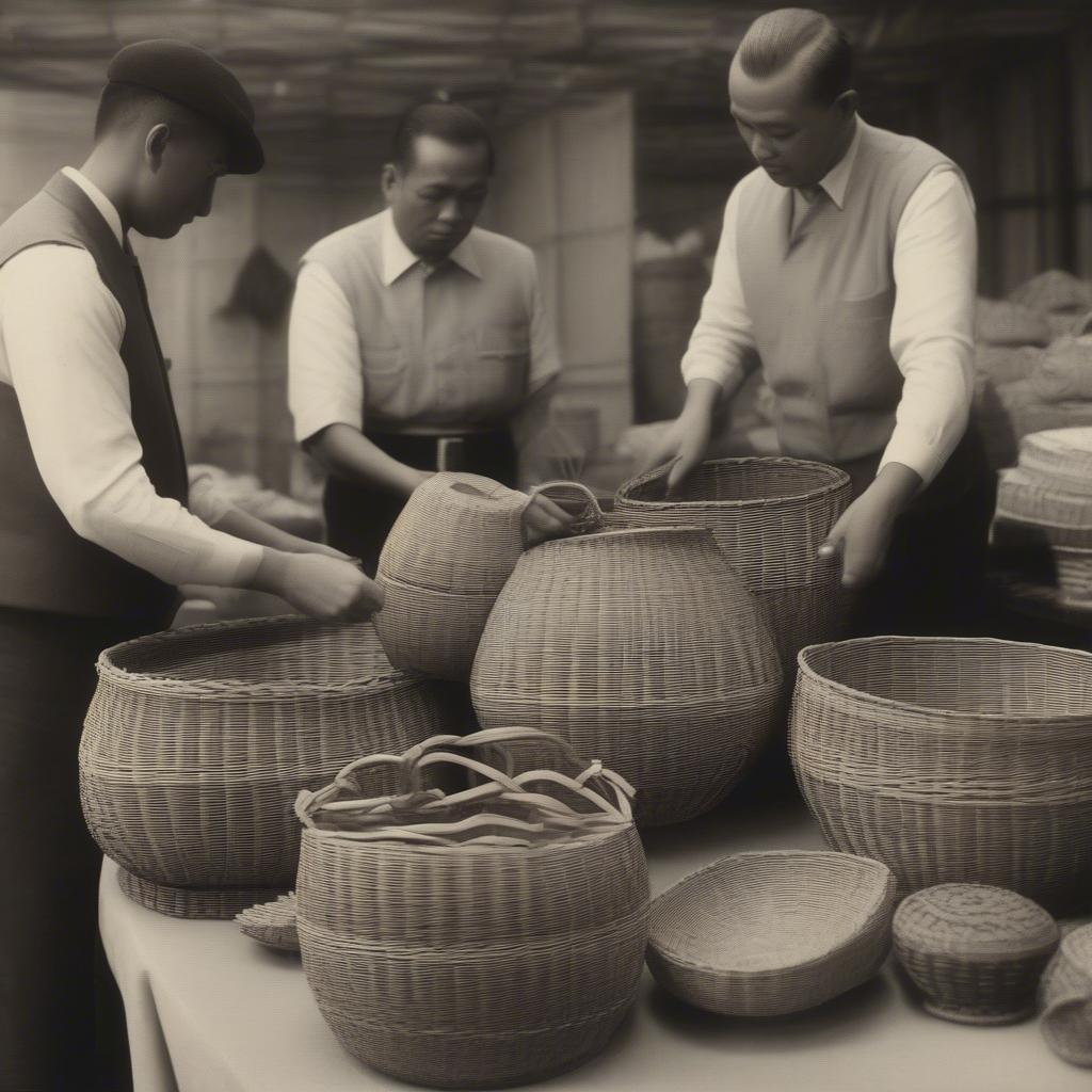 Wicker and rattan baskets undergoing customs inspection.