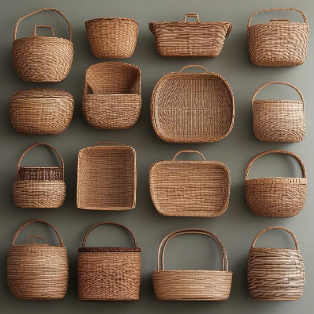 Assortment of wicker and rattan baskets in different shapes and sizes