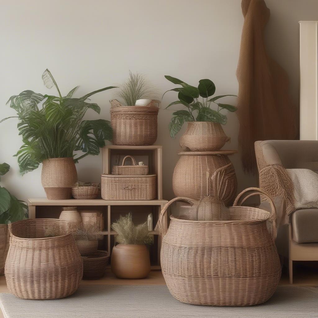 Wicker and rattan baskets used as decorative elements in a cozy living room setting, adding a touch of natural beauty.