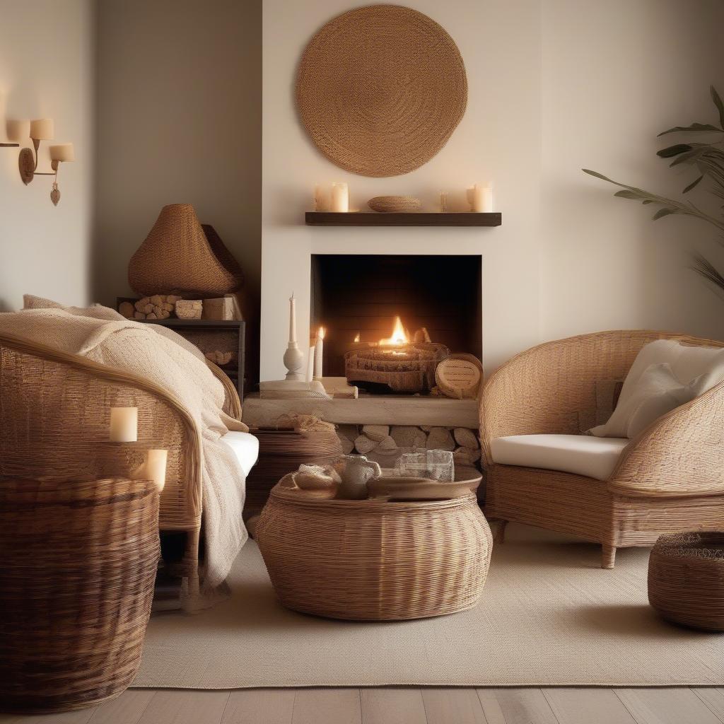 Wicker and rattan baskets adding warmth and texture to a cozy living room setting.