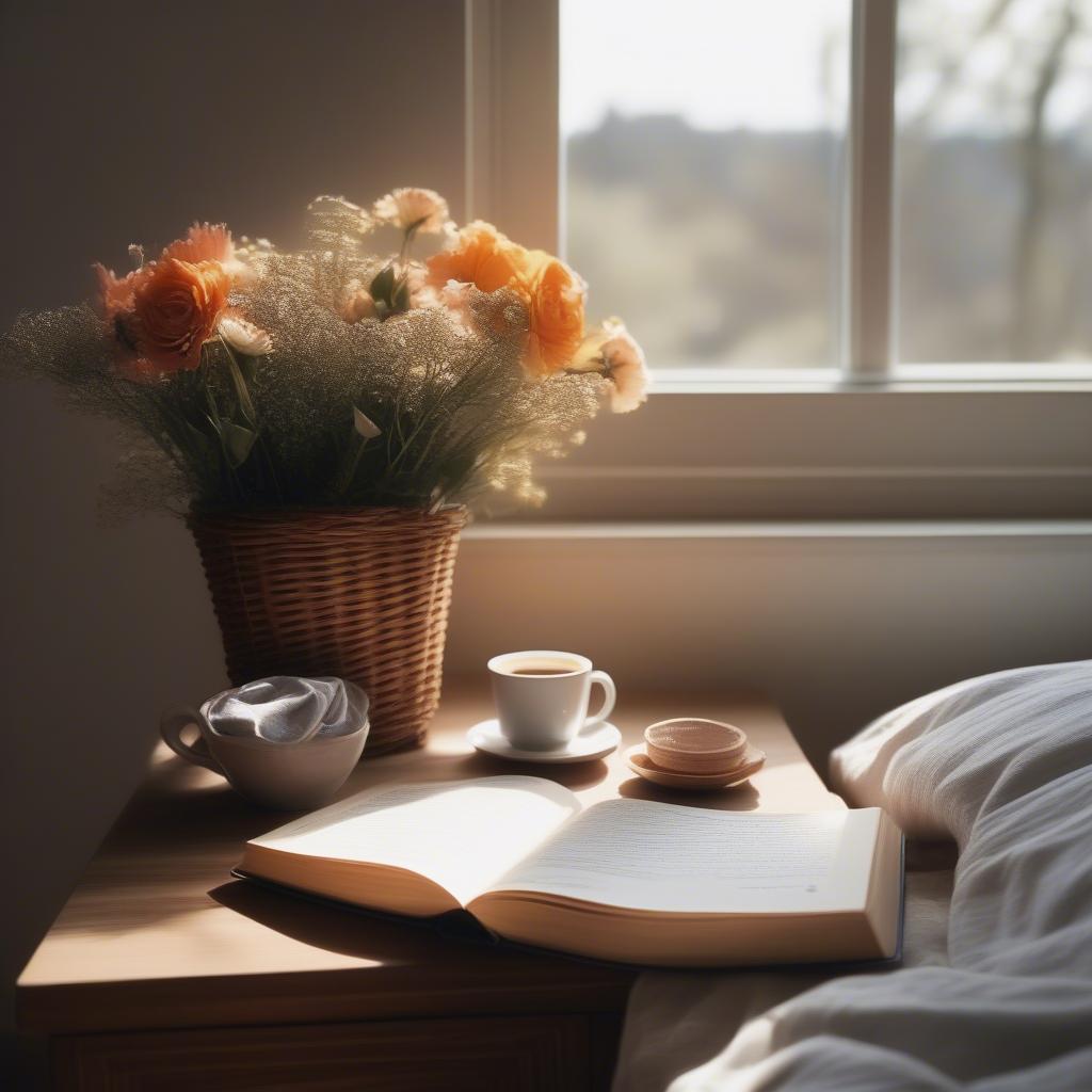 Wicker and rattan baskets enhancing a peaceful morning routine.