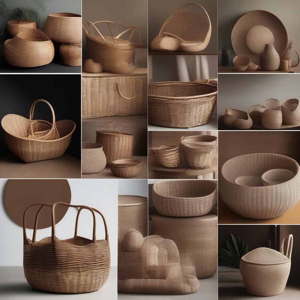 Wicker and rattan baskets in various shapes and sizes, showcasing their natural, earthy tones and textures.