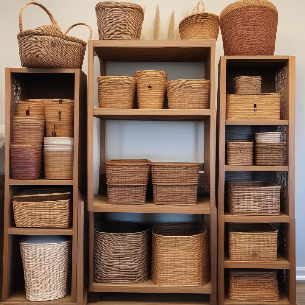 Wicker and rattan baskets displayed in a shop near Smallwoods Lubbock TX