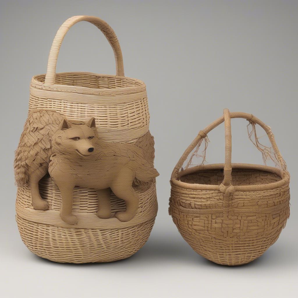 Wicker and Rattan Baskets Representing Two Wolves