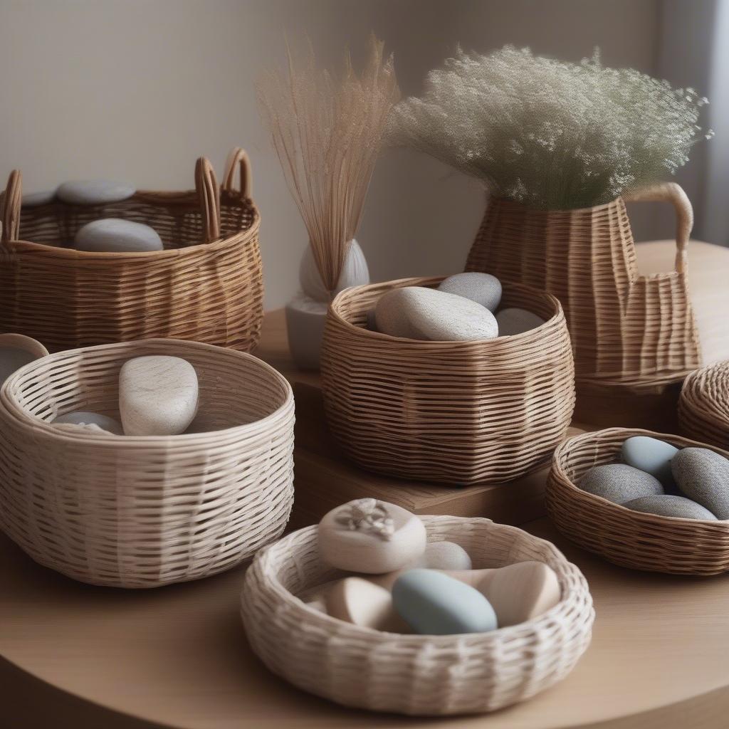 Wicker and rattan baskets used as decorative tabletop decor.