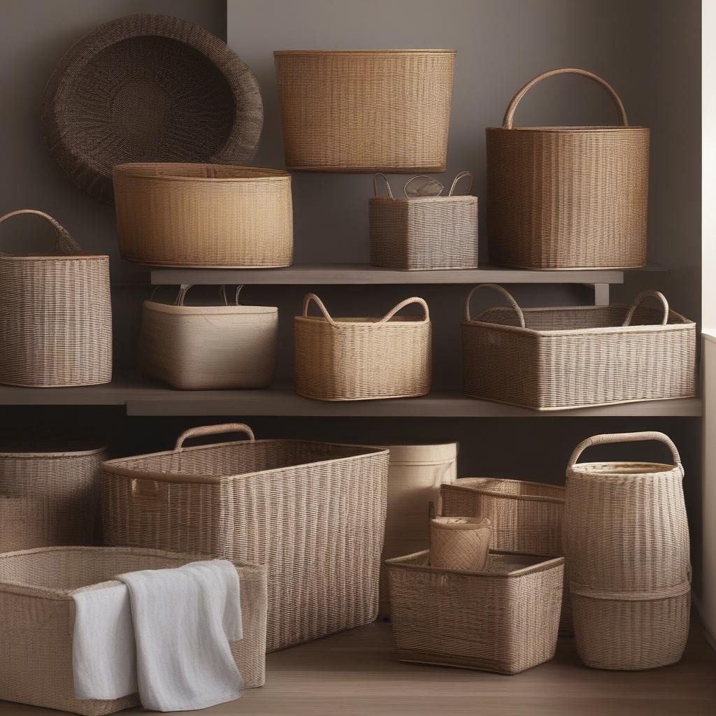 Variety of wicker and rattan baskets showcasing different shapes, sizes, and weaving patterns.