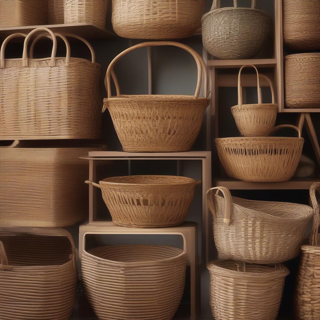 Variety of wicker and rattan baskets showcasing different weaving patterns and sizes.