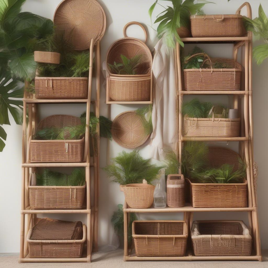 An array of wicker and rattan baskets with a "Free Shipping" banner, representing the savings available with a Smallwoods free shipping code in 2023.