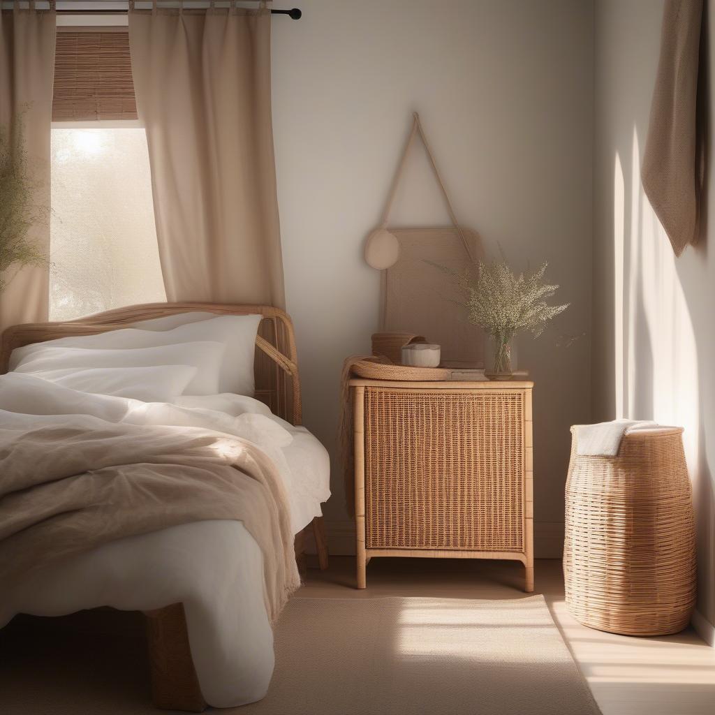 Wicker and Rattan Bedroom Decor: A serene bedroom setting featuring a rattan bedside table, a wicker laundry basket, and natural light streaming through the window.