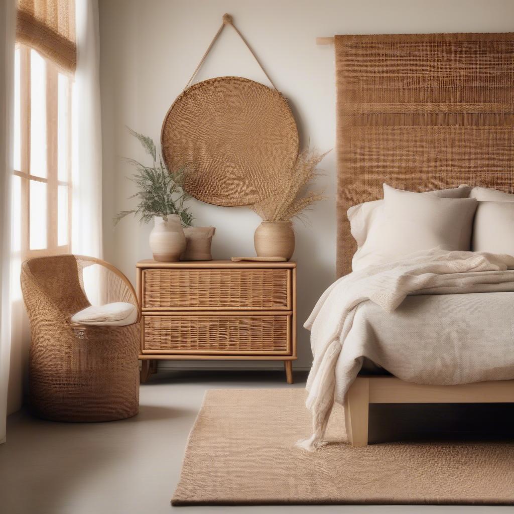 Wicker and rattan accents in a couple's bedroom