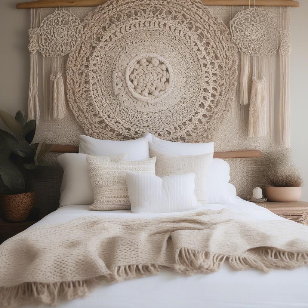 Wicker and rattan wall decor adds a touch of bohemian chic to a bedroom.