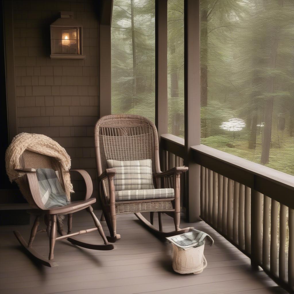 Wicker rocking chair on a porch overlooking a Big Woods landscape