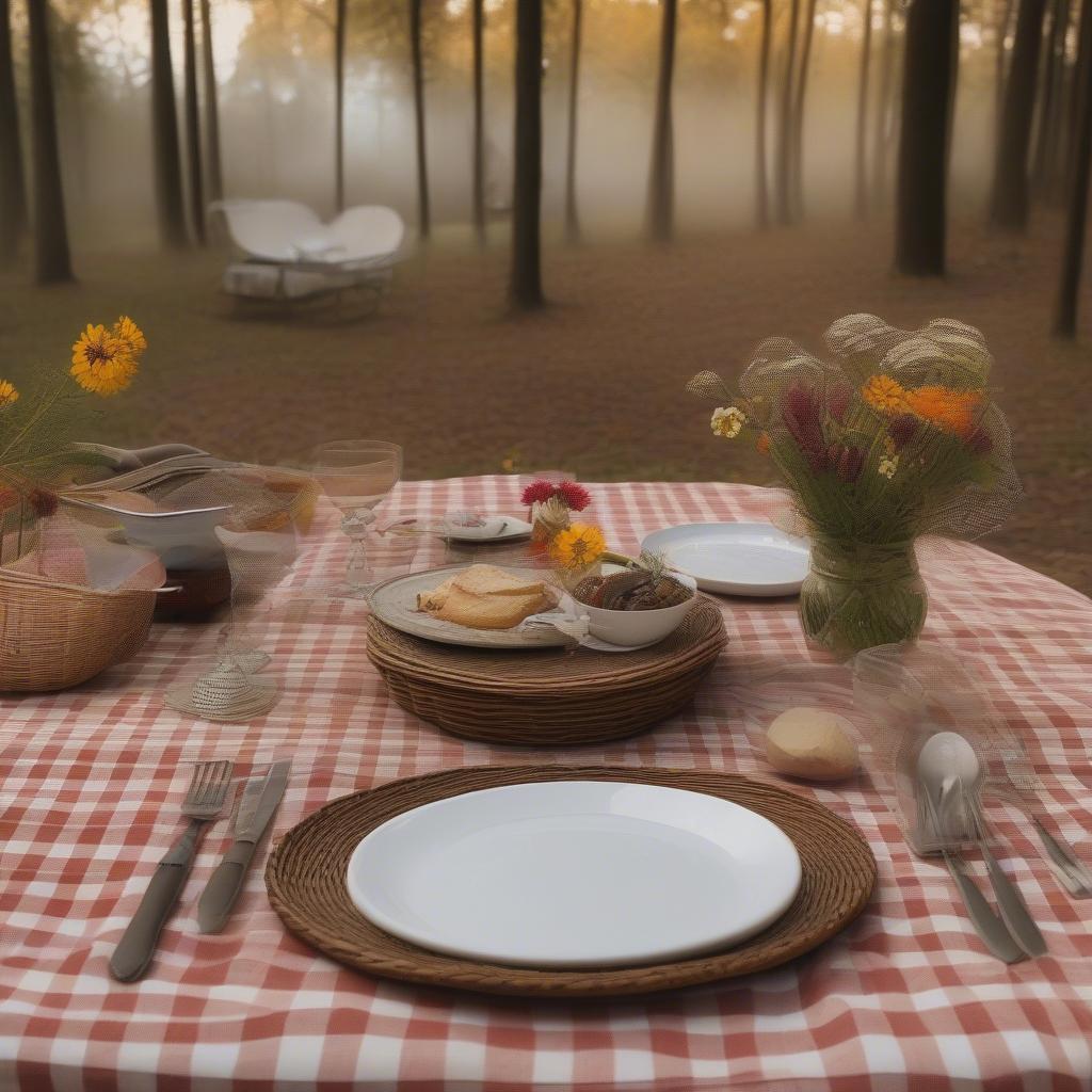 A campsite table beautifully set with wicker and rattan plates, bowls, and serving trays.