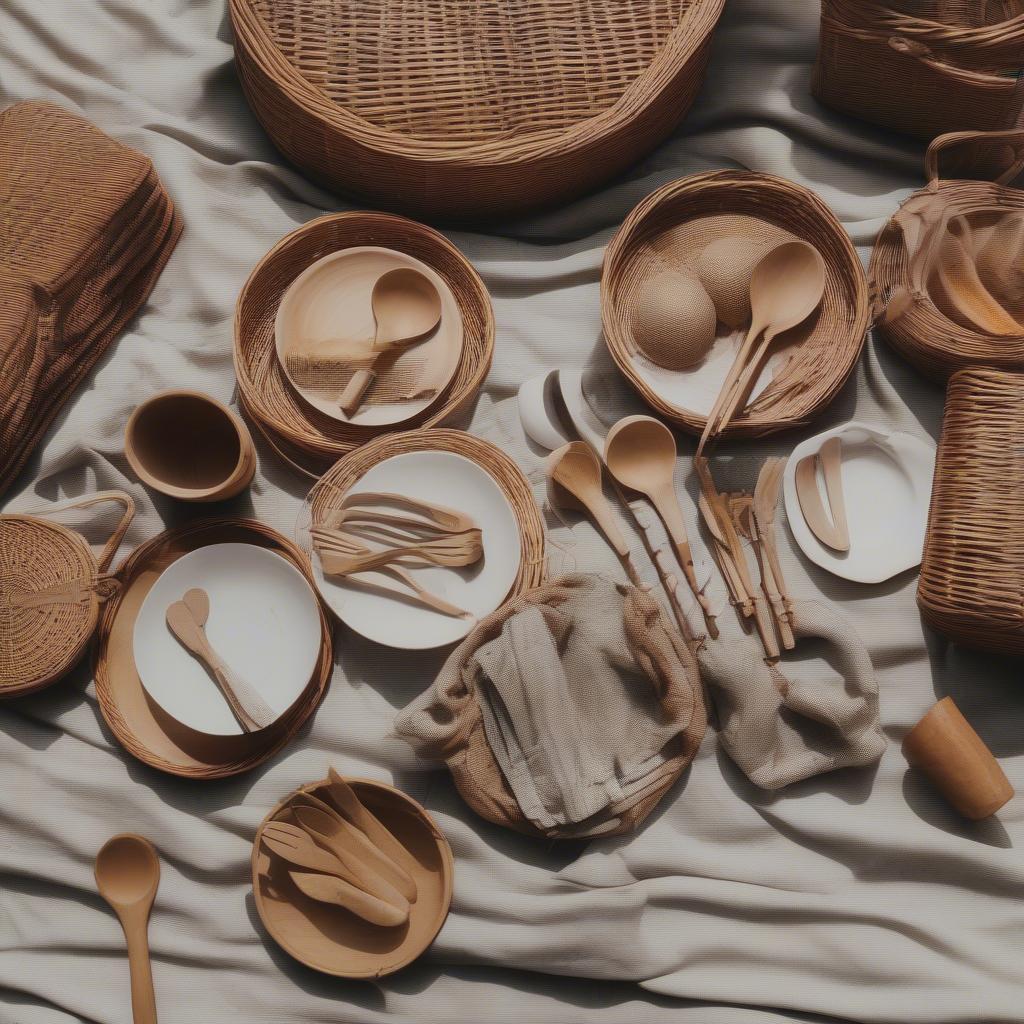 Wicker and rattan camping utensil set with cutlery, plates, and bowls.