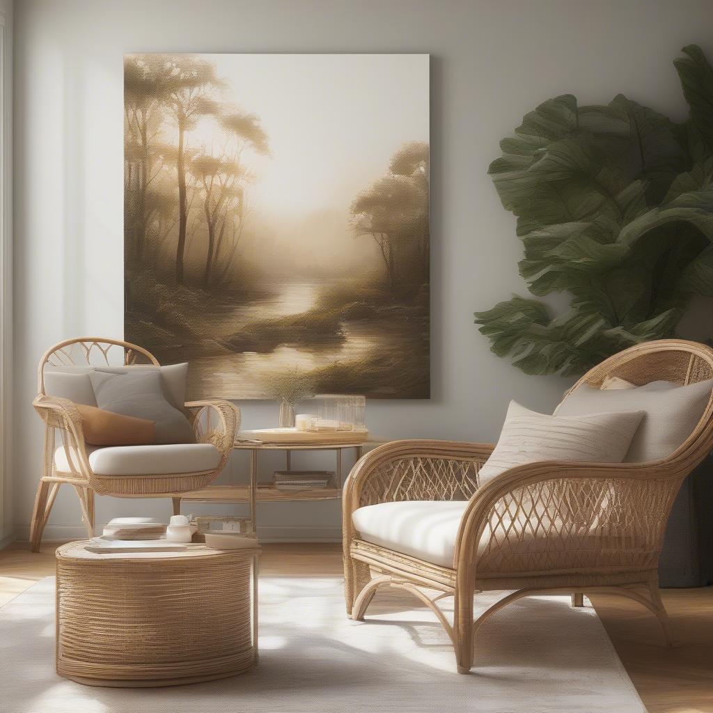 A harmonious blend of wicker furniture, rattan accessories, and art.com canvas prints with nature-inspired themes.