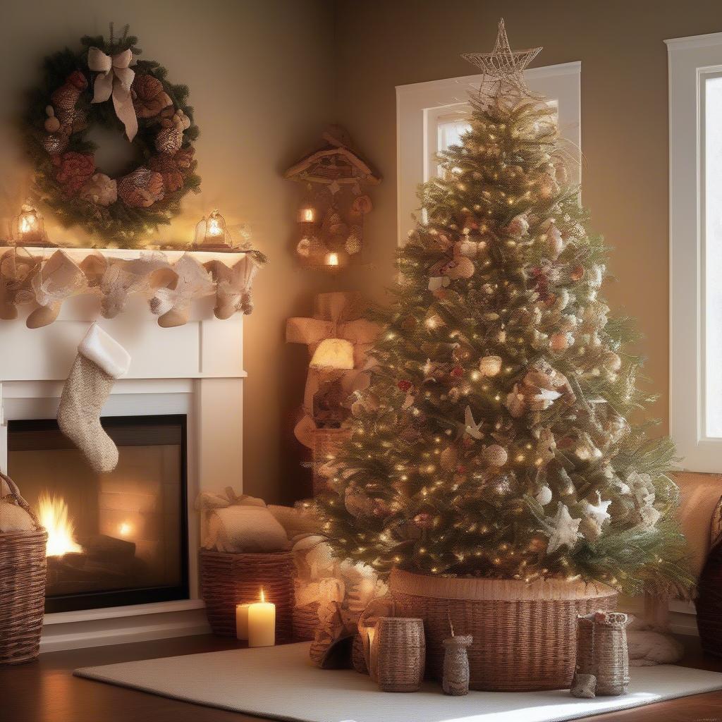 Wicker baskets and rattan ornaments decorating a Christmas tree.