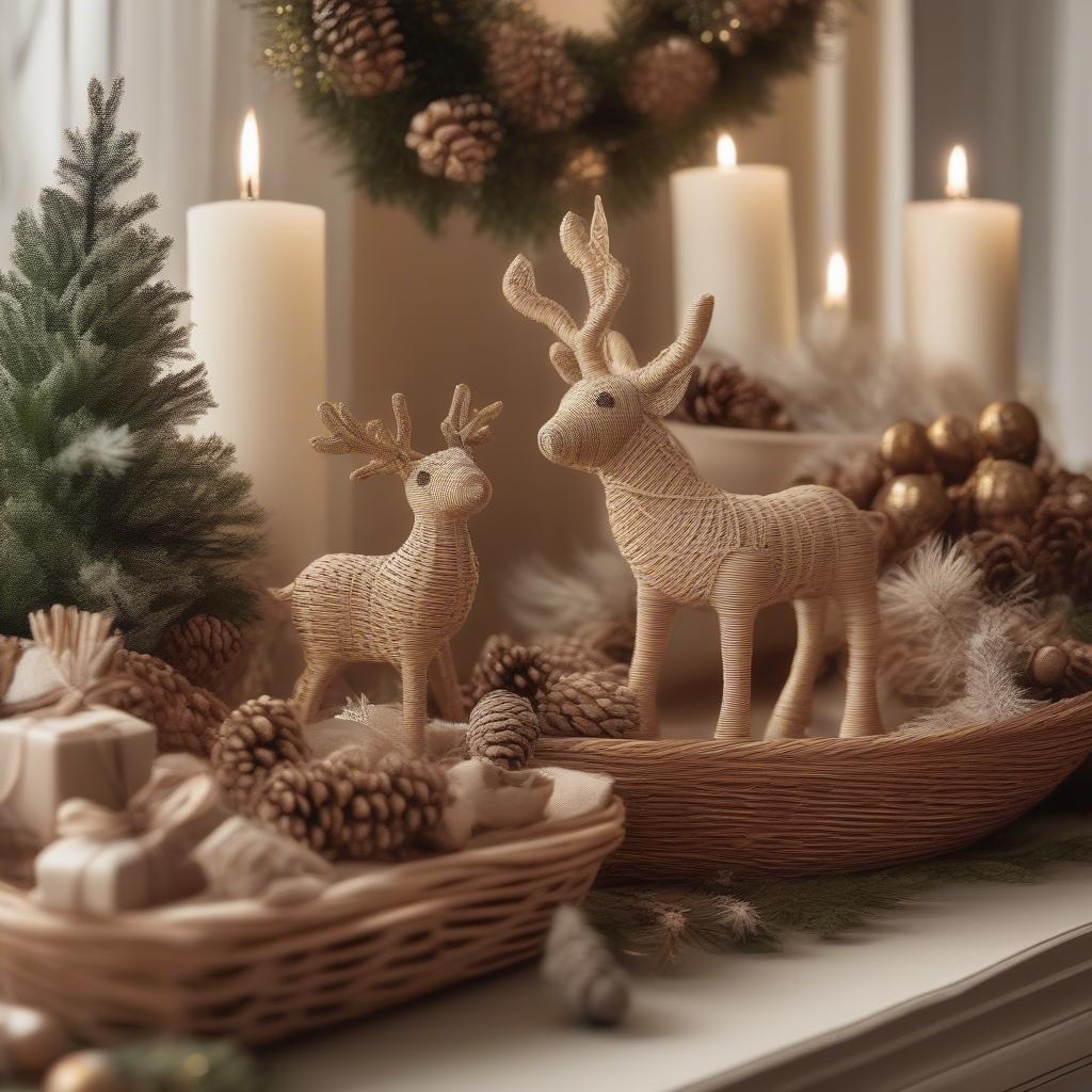 Wicker and rattan Christmas decorations, featuring ornaments, reindeer figurines, and festive baskets.