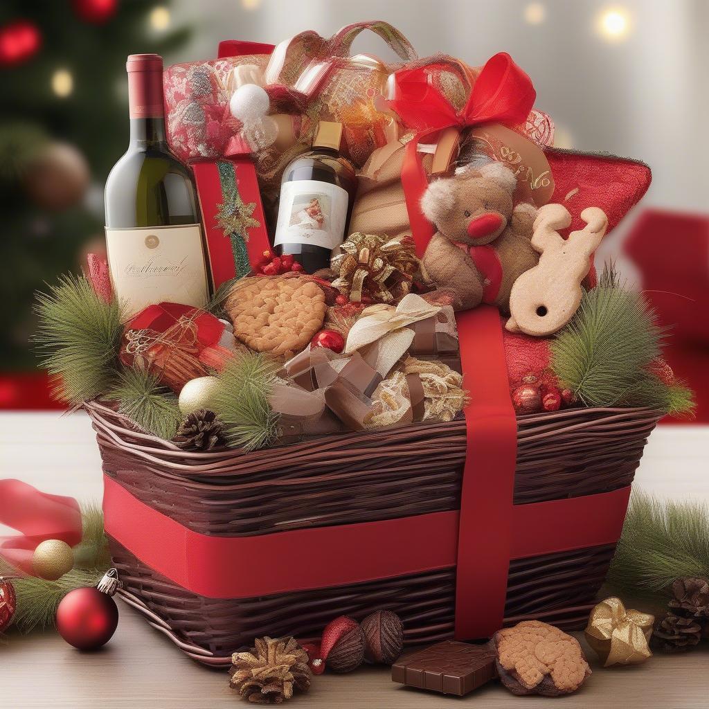 A wicker Christmas gift basket filled with festive treats and decorations.