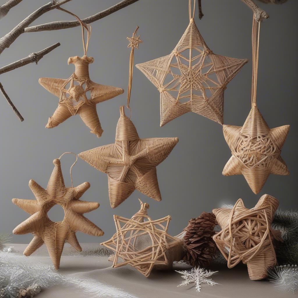 Close-up of handmade wicker and rattan Christmas ornaments.