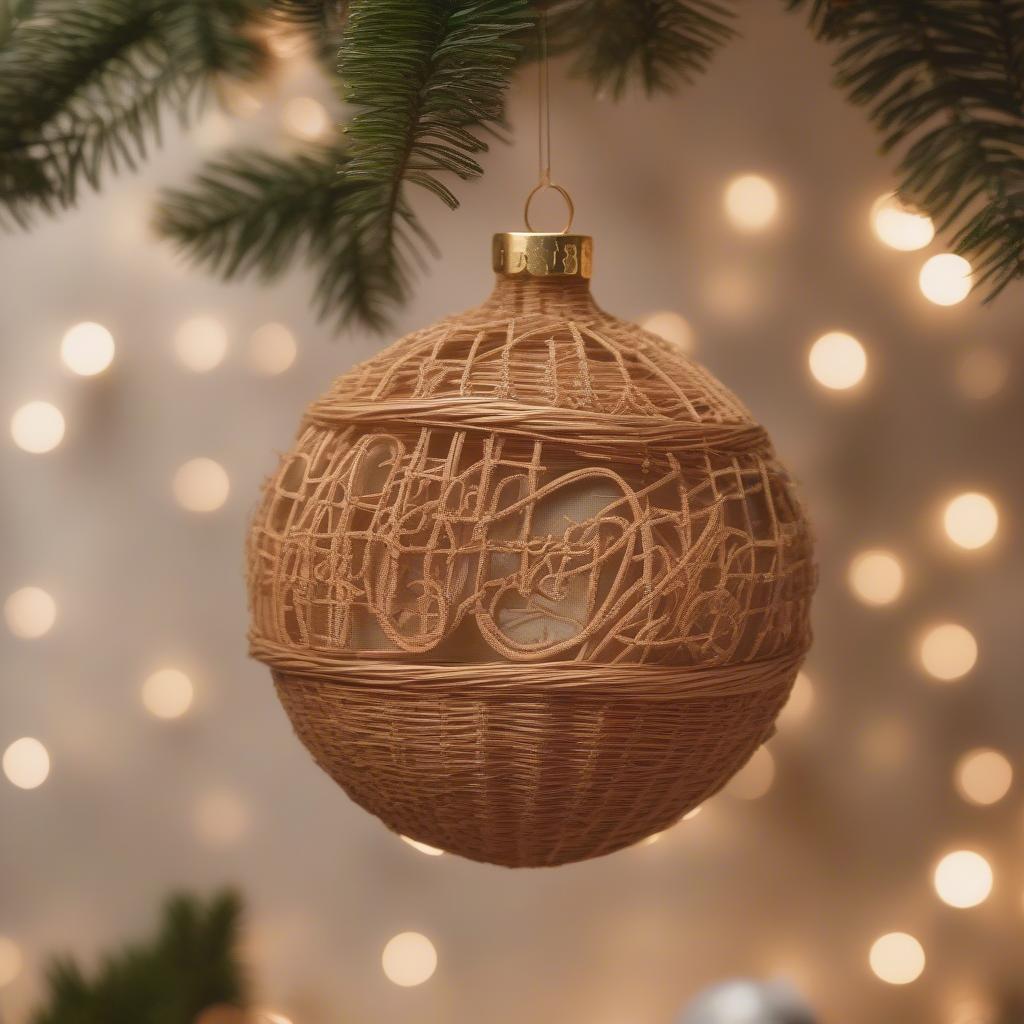 Close-up of wicker and rattan Christmas ornaments, one with "filthy animal" inscribed.