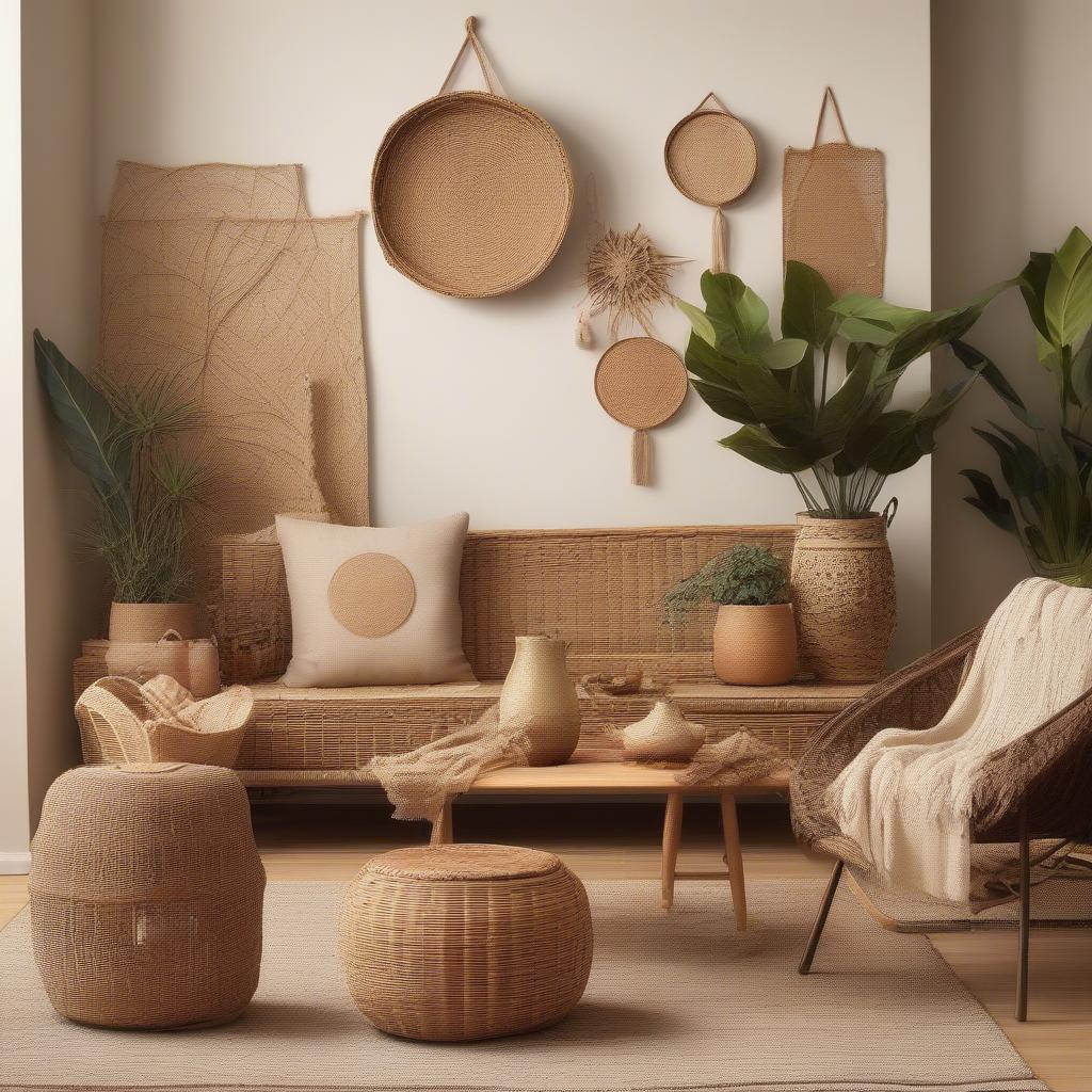 Wicker and rattan decor elements in a living room