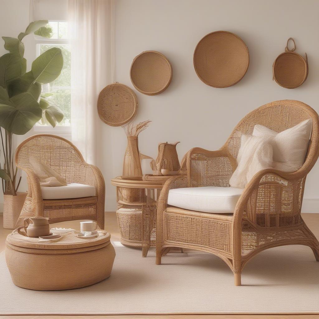 A living room showcasing various wicker and rattan decor elements, including wall frames, furniture, and baskets.