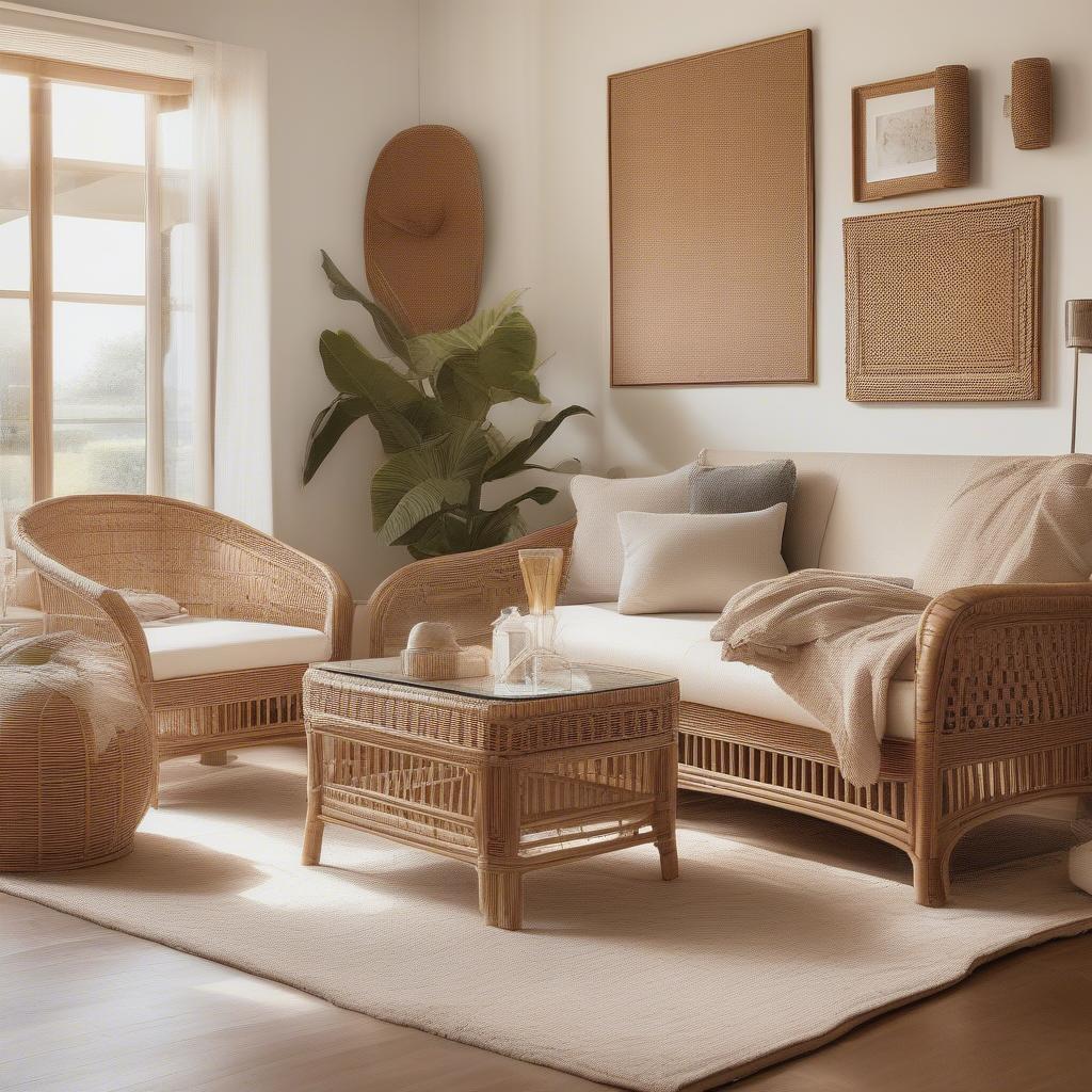 Wicker and Rattan Decor with Framed Pictures in Living Room