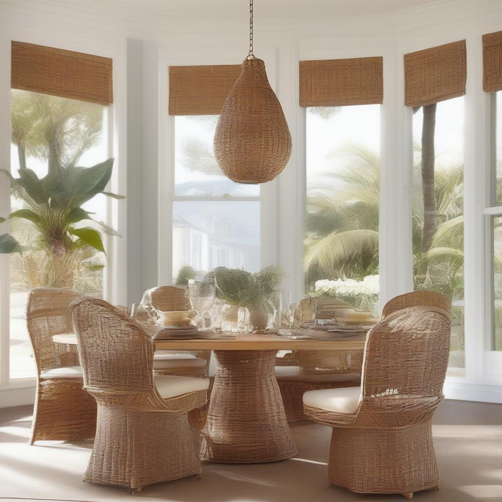 A dining room showcasing a rattan dining set with wicker accents and natural lighting.