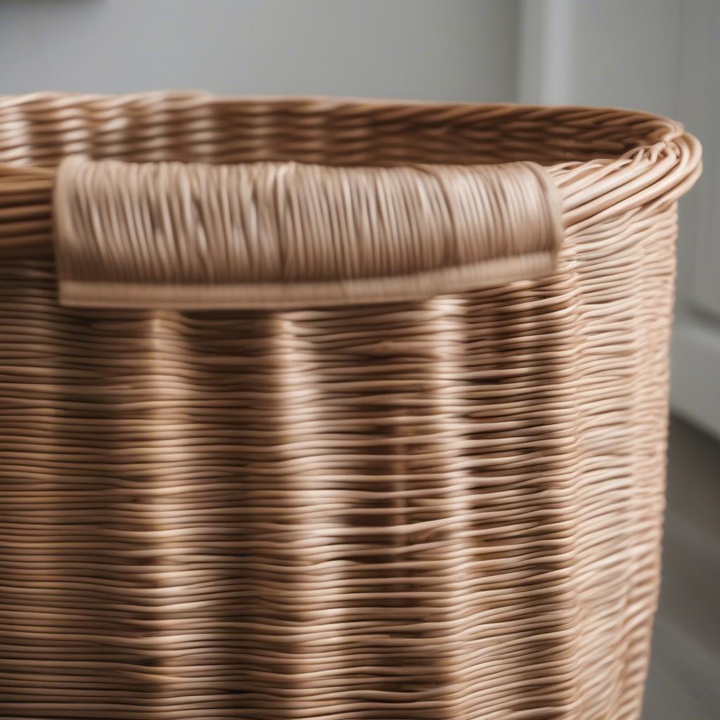 Close-up of the weave of a wicker laundry hamper, highlighting its durability.