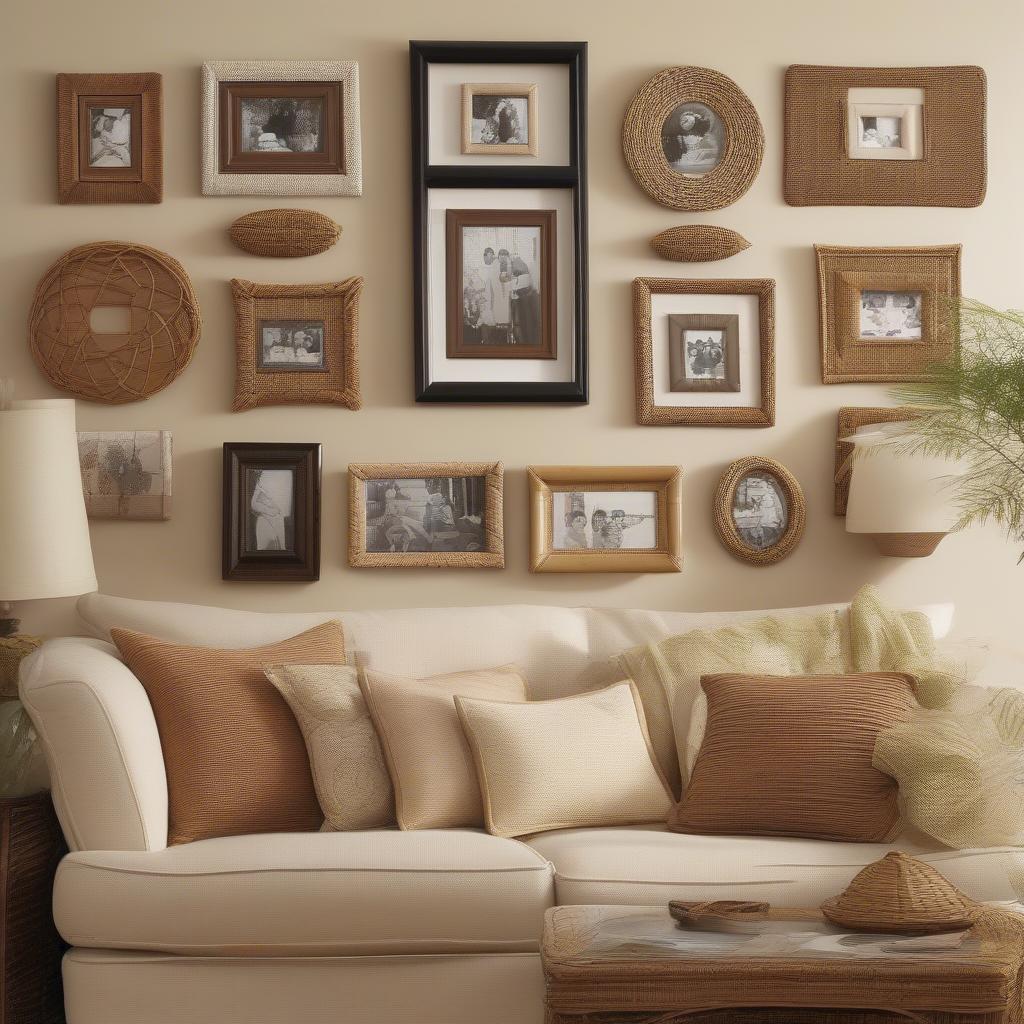 Wicker and rattan picture frames showcasing family photos on a living room wall.