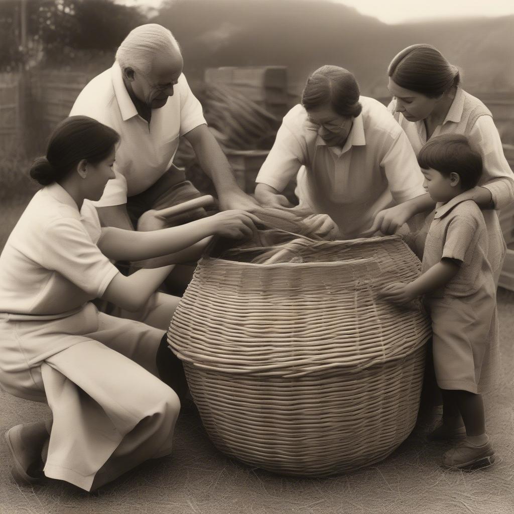 Family Weaving Wicker and Rattan Together