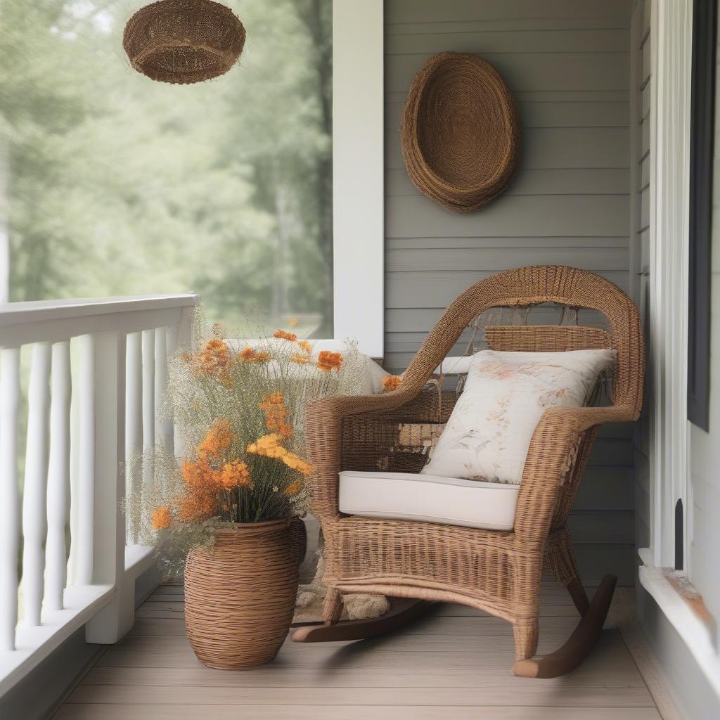 Wicker and rattan furniture and decor create a rustic yet elegant atmosphere at grace wood farm.