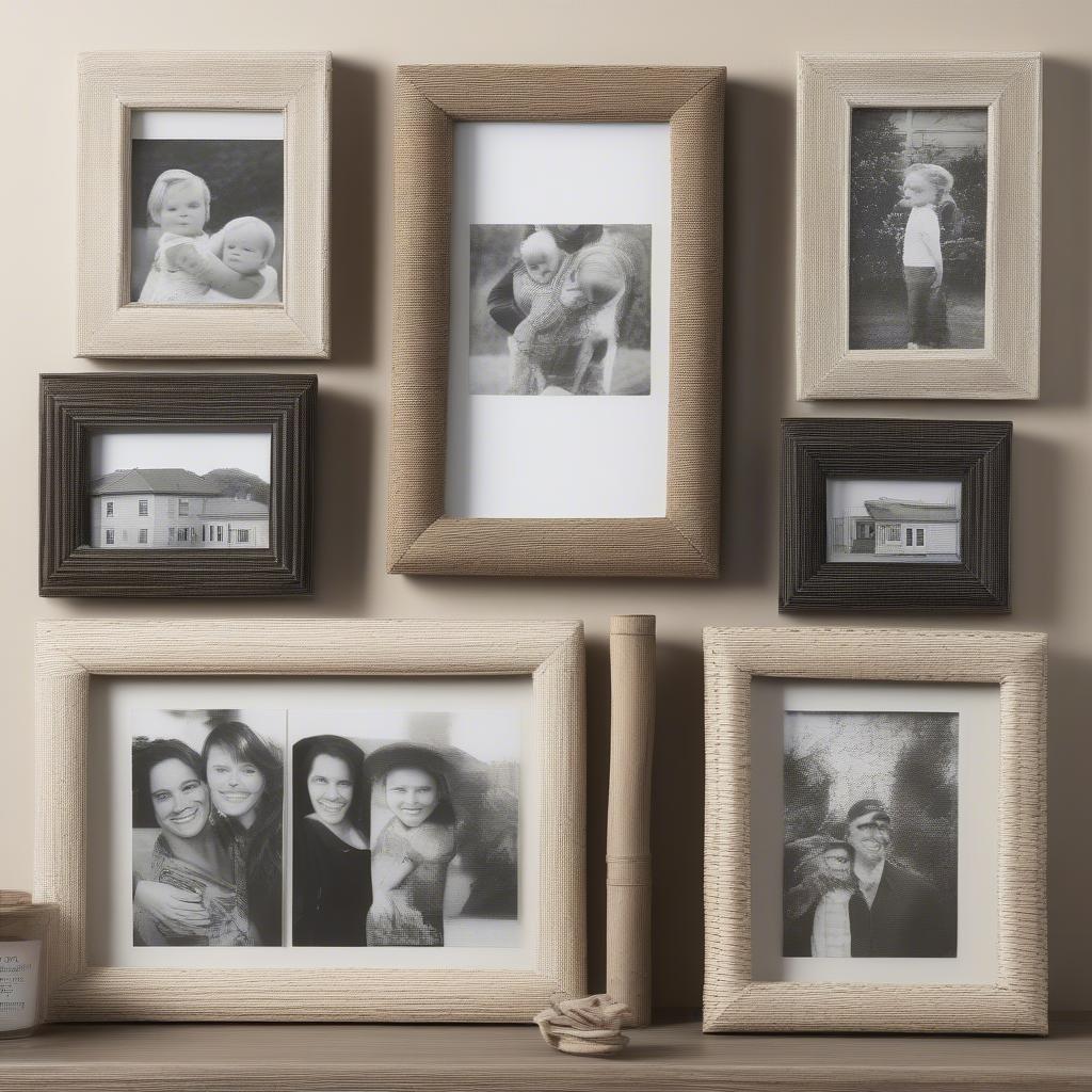 A farmhouse picture frame collage incorporating wicker and rattan elements.