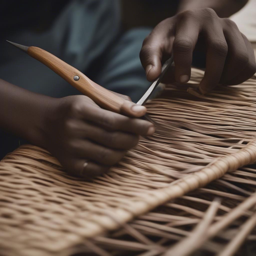 Artisan crafting a wicker and rattan forever sign, demonstrating the intricate weaving techniques.